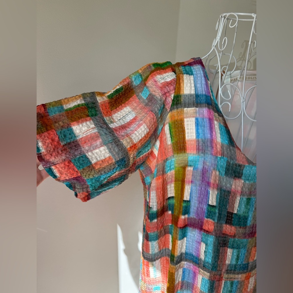 Marie Oliver Linen Silk Blend Plaid Dress Multicolor Puff Sleeve Size M - Picture 2 of 8